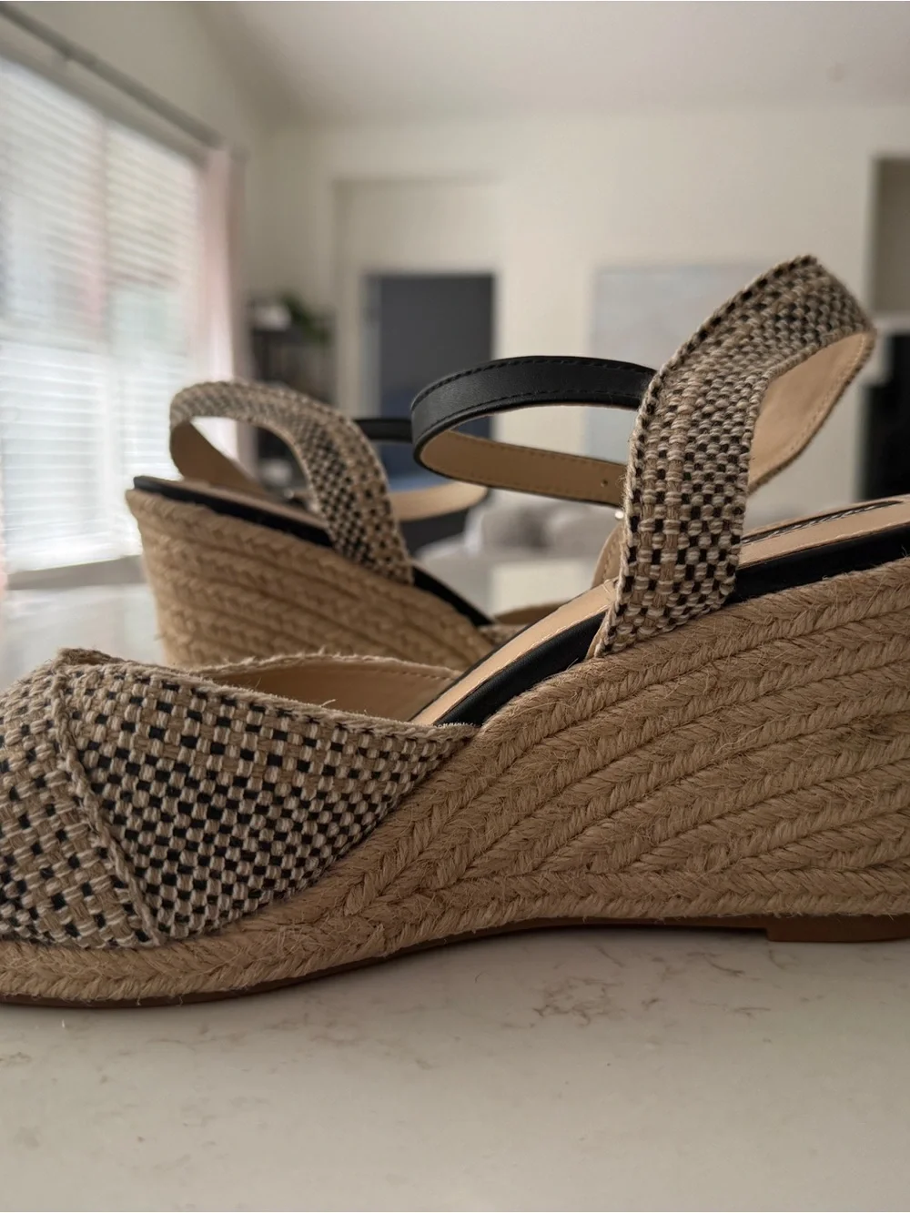 Neutral Woven Wedge Sandals with Black Ankle Straps